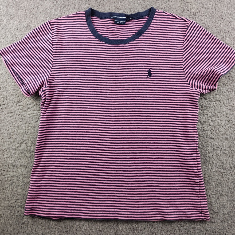 VTG Ralph Lauren Sport Pink Navy Striped Cotton T-Shirt XL Pony Short Sleeve